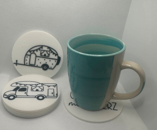 Untersetzer Set für Tassen und Gläser mit Camping Motiven rund